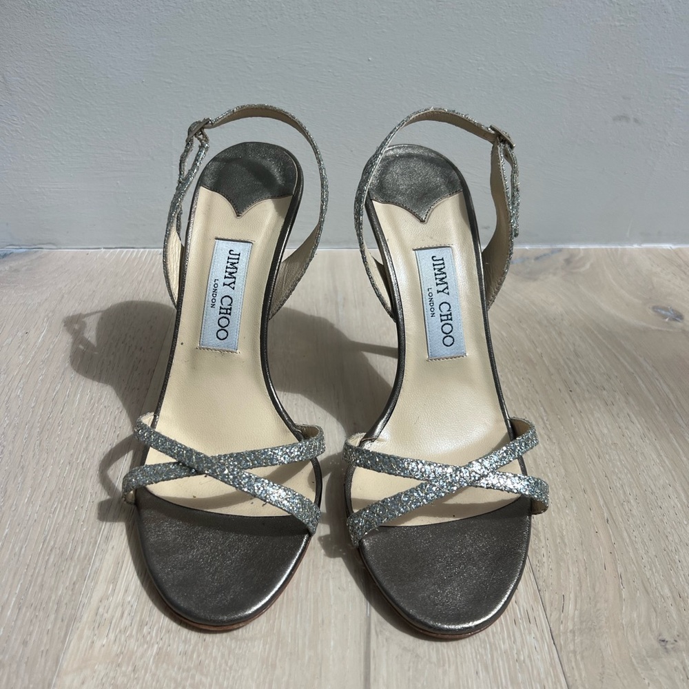 Jimmy Choo silver glitter sling back evening sandal. Women’s size 40